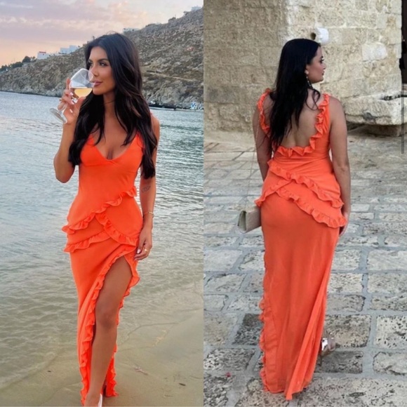 NWT HOUSE OF CB 'Pixie' Georgette Flame Orange Ruffle Maxi Dress - Picture 4 of 10